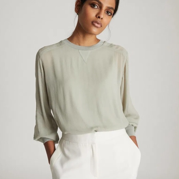 Reiss Tops - REISS Marlena Semi Sheer Blouse in Pale Green